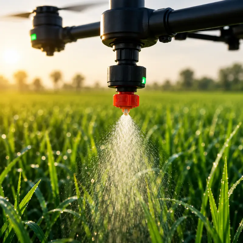 Close-up of AGRIBOT drone nozzle spraying
