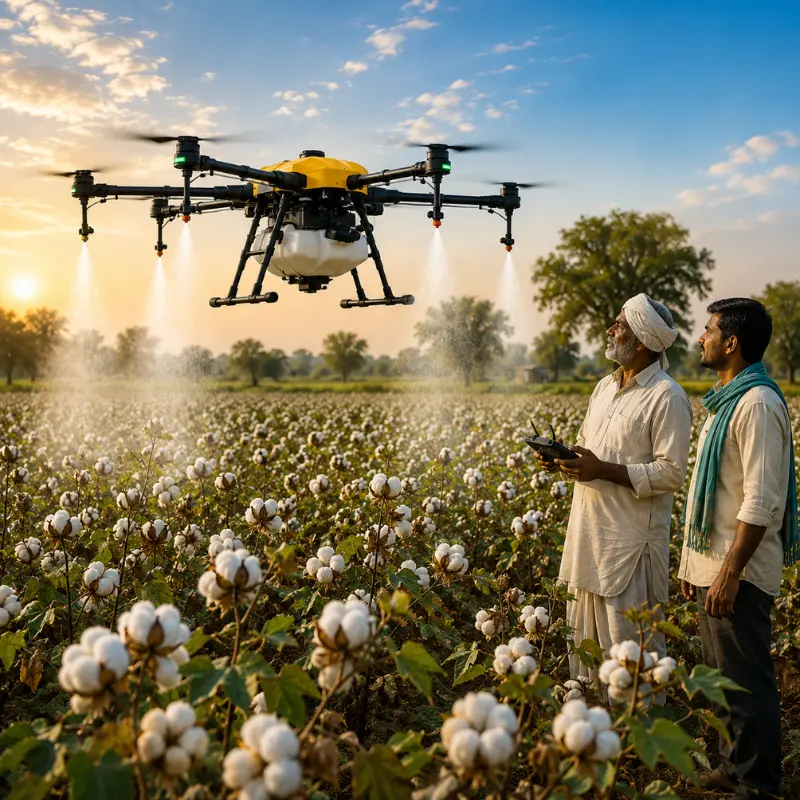 Drone flying over cotton field at sunrise